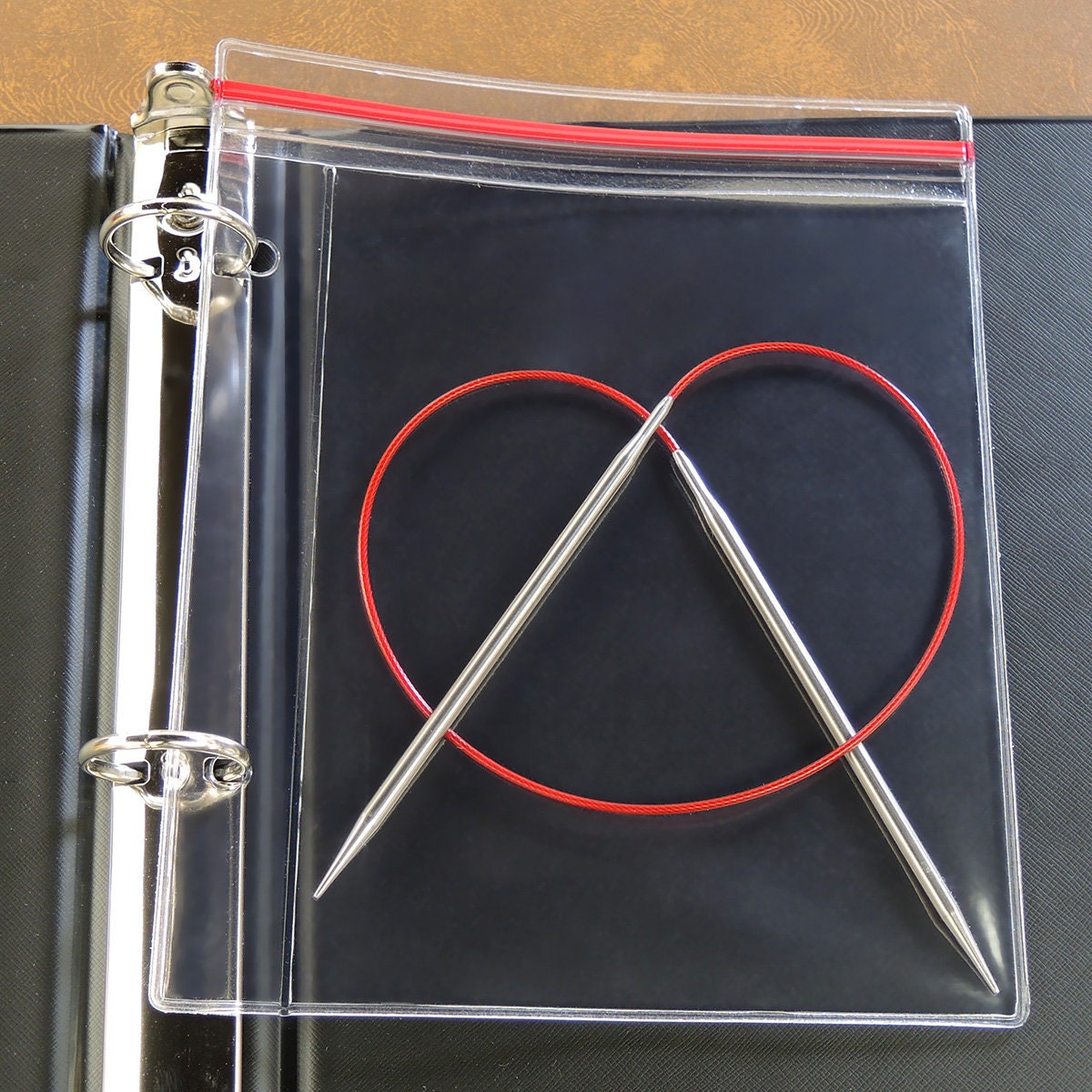 Circular Knitting Needle Case - Clear Vinyl Zipper Pocket, 3-Ring Binder Compatible