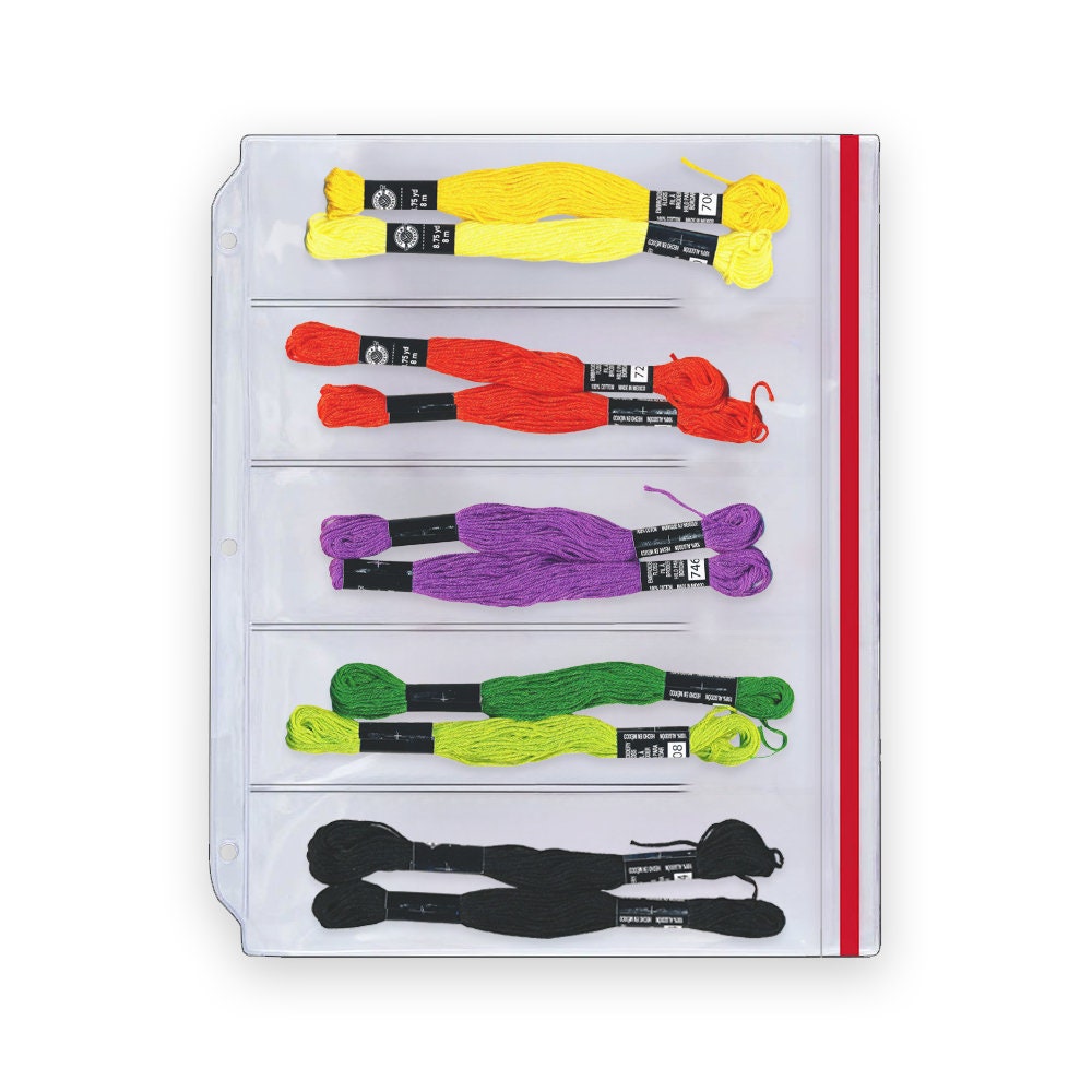 Zipper Binder Page for Embroidery Floss Thread Skeins, Holds 5 Skeins
