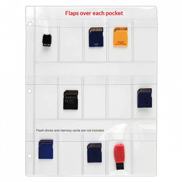 Clear Vinyl Binder Pages with Flaps, SD, MicroSD, USB Flash Drive Organizer